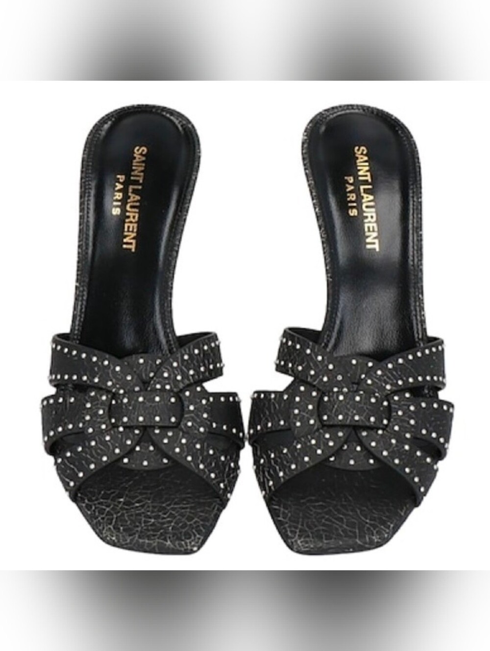 Saint Laurent Black Studded Leather Heeled Slide Sandals - Picture 4 of 11